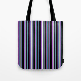 [ Thumbnail: Bisque, Dark Cyan, Orchid & Black Colored Lined Pattern Tote Bag ]