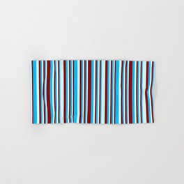 [ Thumbnail: Deep Sky Blue, Dark Red & Light Cyan Colored Pattern of Stripes Hand & Bath Towel ]