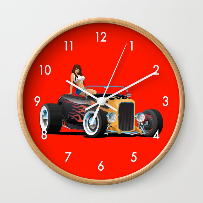 Custom Hot Rod Roadster Car with Flames and Sexy Woman Wall Clock