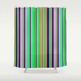 [ Thumbnail: Vibrant Lime Green, Coral, Midnight Blue, Plum, and Green Colored Lines/Stripes Pattern Shower Curtain ]