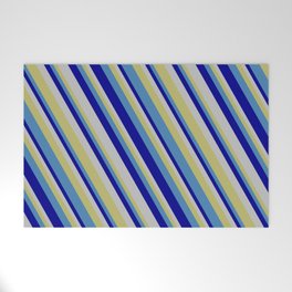[ Thumbnail: Dark Khaki, Blue, Dark Blue & Grey Colored Lines/Stripes Pattern Welcome Mat ]