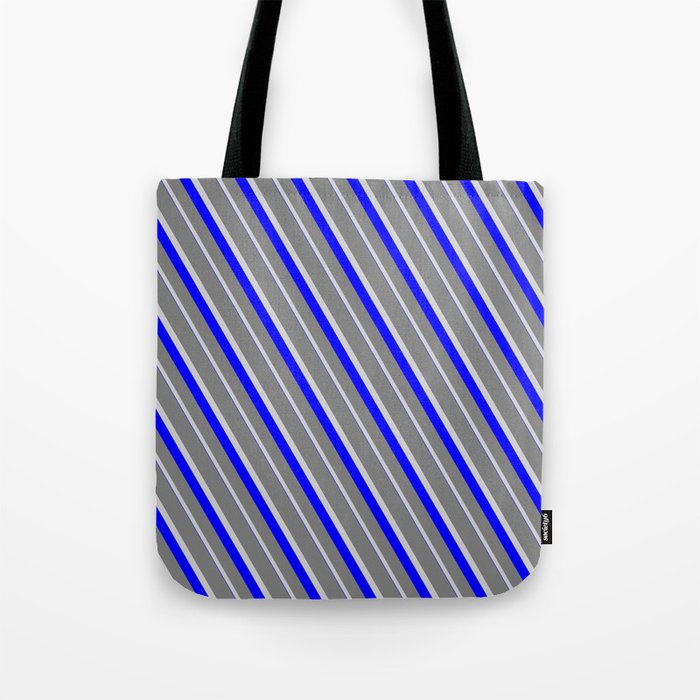 Grey, Light Grey & Blue Colored Striped/Lined Pattern Tote Bag