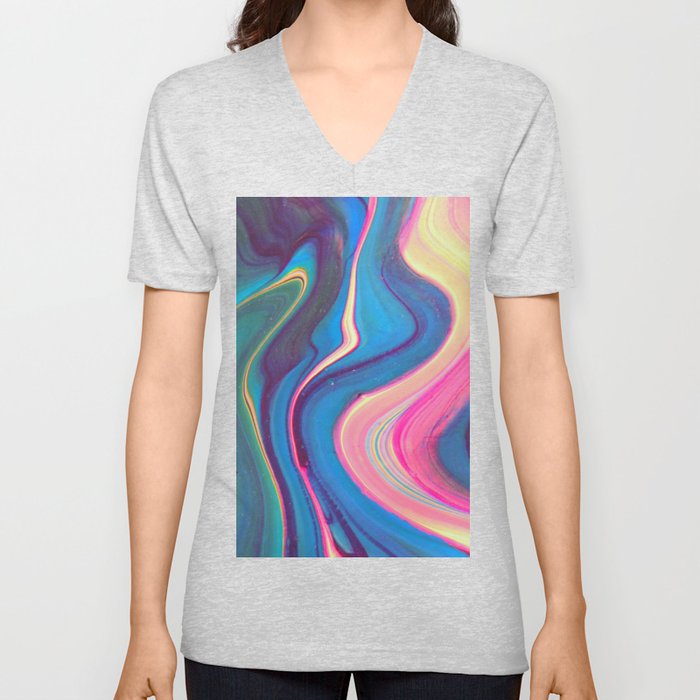 Abstract Aesthetic Y2K Marble Swirl Colorful V Neck T Shirt