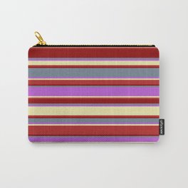 [ Thumbnail: Eyecatching Slate Gray, Orchid, Pale Goldenrod, Red, and Dark Red Colored Lines/Stripes Pattern Carry-All Pouch ]