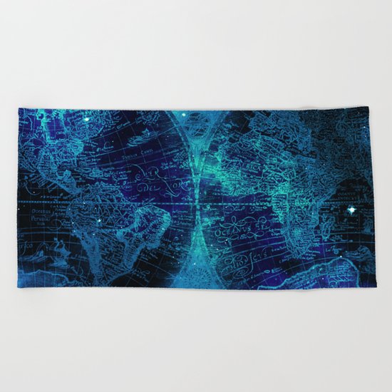 Antique World Star Map in Space Navy Blue Beach Towel
