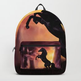Rearing black horse at sunset Backpack