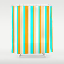 [ Thumbnail: Orange, Beige, Mint Cream & Aqua Colored Striped/Lined Pattern Shower Curtain ]
