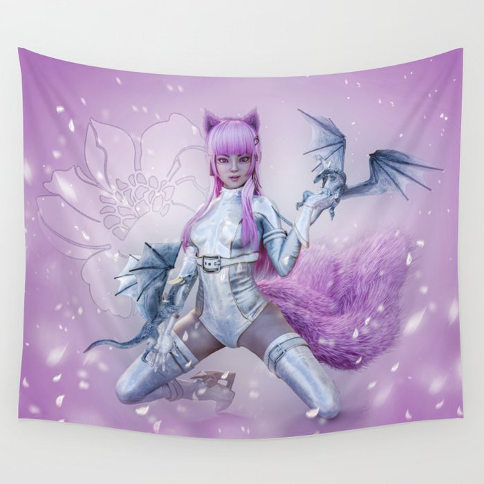 Manga Anime Girl with Dragons Wall Tapestry by Illu Pic A.T.Art