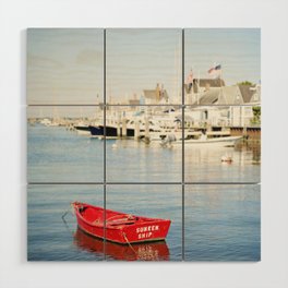 Vibrant Red Boat in Nantucket Harbor Wood Wall Art