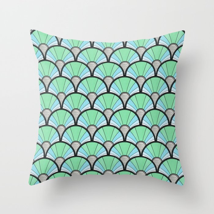 Green Pastel Art Deco Fan Pattern Throw Pillow