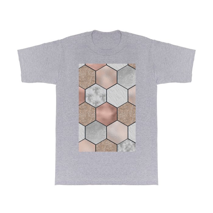 Marble hexagons and rose gold on black T Shirt