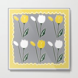 Tulips Pattern in Yellow, White, and Grey Metal Print | Yellowflowers, Flowerprint, Drawing, Other, Popart, Yellowandgrey, Flowerpattern, Yellowandwhite, Nature, Pattern 