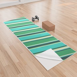 [ Thumbnail: Sea Green, Light Yellow, Turquoise, and Dark Slate Gray Colored Striped Pattern Yoga Towel ]