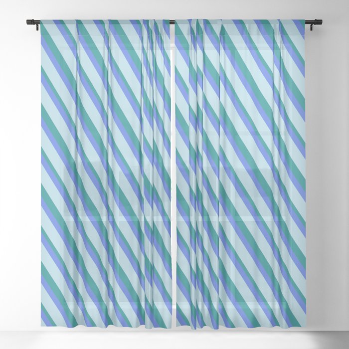 Light Blue, Teal, and Royal Blue Colored Lined Pattern Sheer Curtain