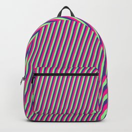 [ Thumbnail: Deep Pink, Green, and Dark Slate Blue Colored Lines/Stripes Pattern Backpack ]
