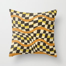 Root Beer - Wavy Lines and Checkerboard Throw Pillow