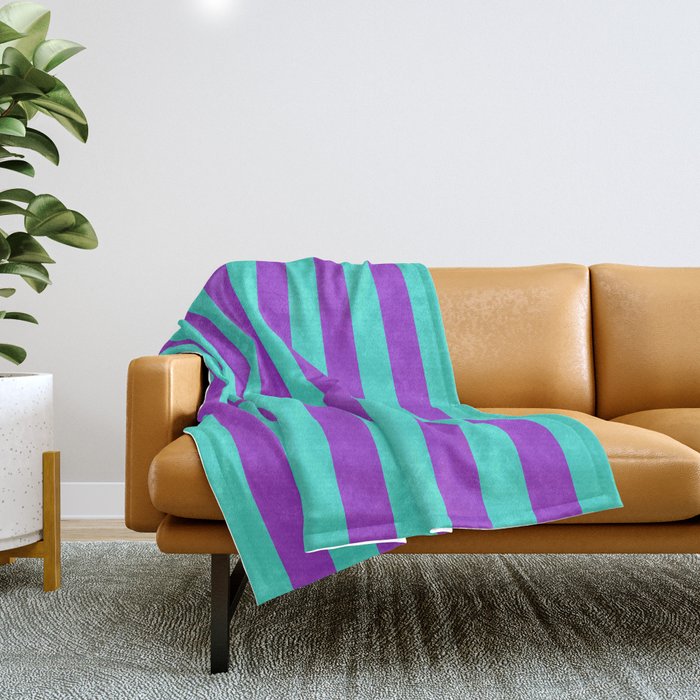 Turquoise and Dark Orchid Colored Striped Pattern Throw Blanket