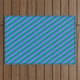[ Thumbnail: Medium Slate Blue, Light Sea Green & Teal Colored Lined/Striped Pattern Outdoor Rug ]