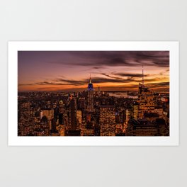 city buildings aerial view twilight lights new york Art Print