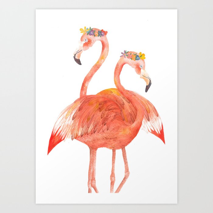 Flamingos With Wreaths 8x10 Bird Print Watercolor Painting Animal Illustration Red Pink Sweet Art Print