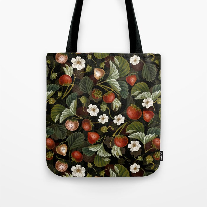 Vintage & Shabby Chic - Tropical Midnight Strawberries Botanical Flower Garden Tote Bag