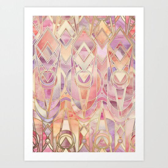 Glowing Coral and Amethyst Art Deco Pattern Art Print