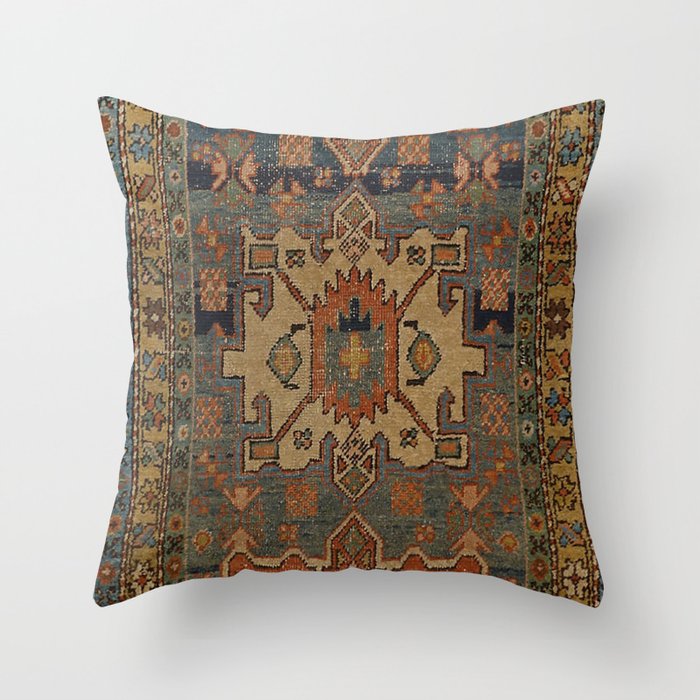Persia Heriz 19th Century Authentic Colorful Orange Blue Green Vintage Patterns Throw Pillow
