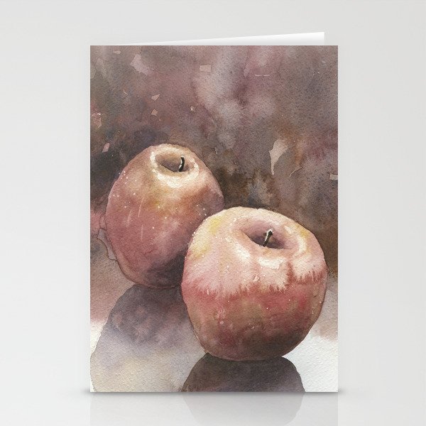 Apple still-life watercolor painting.  Red apples on table watercolor painting  Stationery Cards