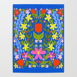 Modern Folk Art Flowers Blue Poster