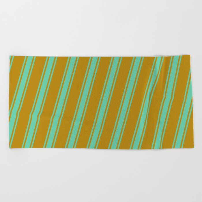 Dark Goldenrod & Aquamarine Colored Striped/Lined Pattern Beach Towel