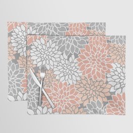 Dahlia Floral Blooms, Peach and Gray Placemat