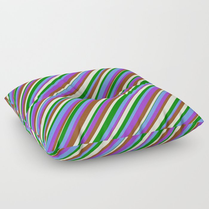 Colorful Cornflower Blue, Dark Orchid, Brown, Beige & Green Colored Lined/Striped Pattern Floor Pillow