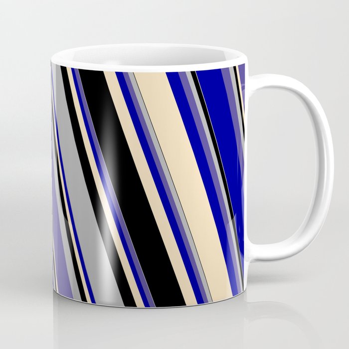 Dark Gray, Dark Slate Blue, Dark Blue, Tan, and Black Colored Striped Pattern Coffee Mug