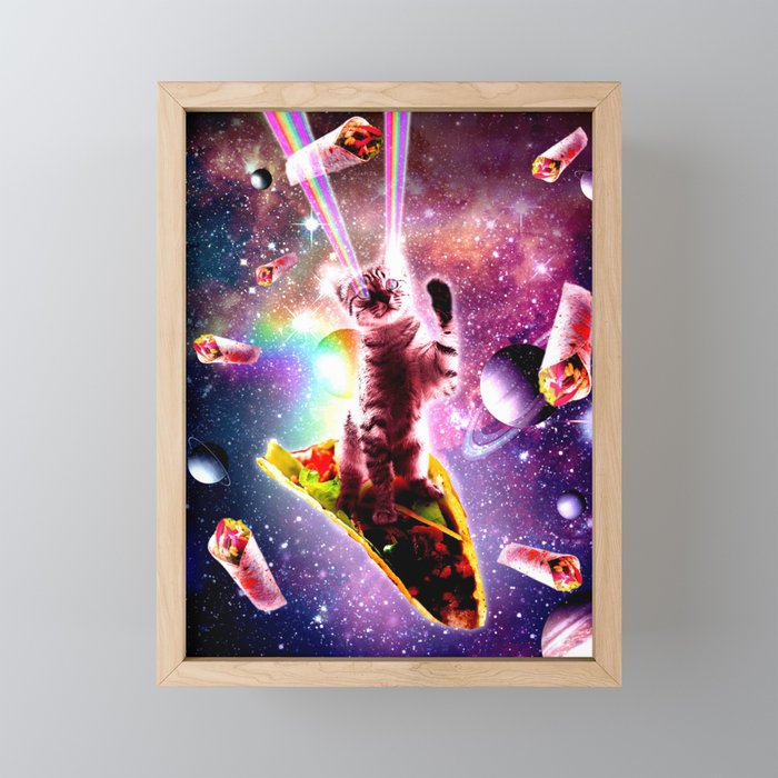 Outer Space Taco Cat - Rainbow Laser Eyes, Burrito Framed Mini Art Print