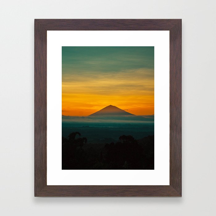 Mountain Volcano In The Distant Green Yellow Orange Sunset Hues