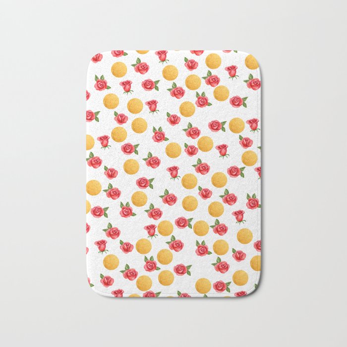 Grace - Watercolor Red Roses and Golden Polka Dots Pattern Bath Mat