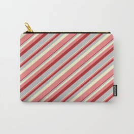 [ Thumbnail: Light Yellow, Light Coral, Red, and Grey Colored Lines/Stripes Pattern Carry-All Pouch ]