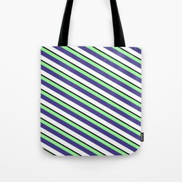[ Thumbnail: Green, Dark Slate Blue, White & Black Colored Striped Pattern Tote Bag ]
