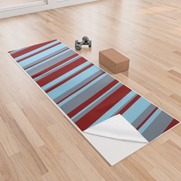 [ Thumbnail: Slate Gray, Sky Blue & Maroon Colored Lined/Striped Pattern Yoga Towel ]