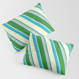[ Thumbnail: Light Yellow, Deep Sky Blue, Forest Green & Grey Colored Stripes Pattern Pillow Sham ]