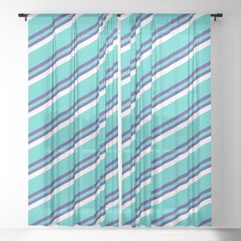 [ Thumbnail: Turquoise, Dark Slate Blue & White Colored Striped Pattern Sheer Curtain ]