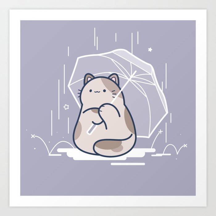 Cute Kawaii Rainy Day Cat Holding an Umbrella Art Print