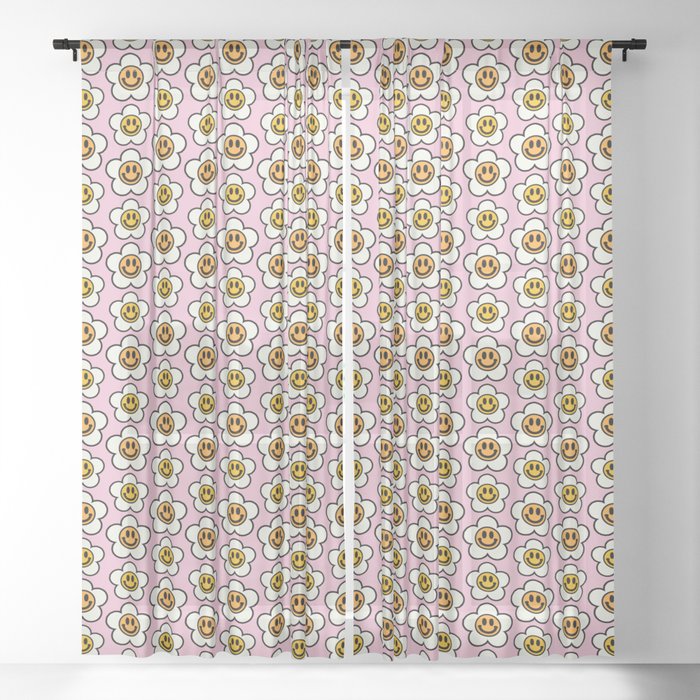 Bold And Funky Flower Smileys Pattern (Pink BG) Sheer Curtain