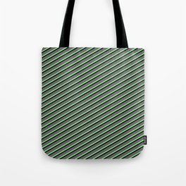 [ Thumbnail: Dim Gray, Light Green & Black Colored Lined/Striped Pattern Tote Bag ]