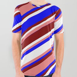 [ Thumbnail: Light Coral, Blue, Maroon, and White Colored Stripes Pattern All Over Graphic Tee ]