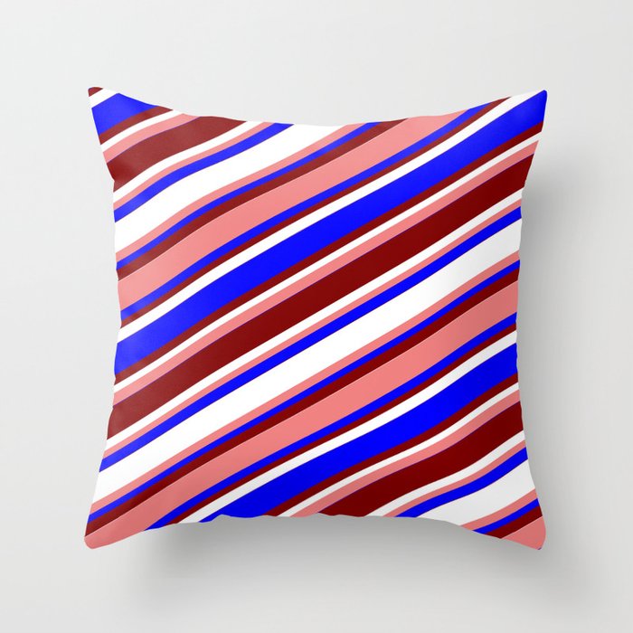 Light Coral, Blue, Maroon, and White Colored Stripes Pattern Throw Pillow
