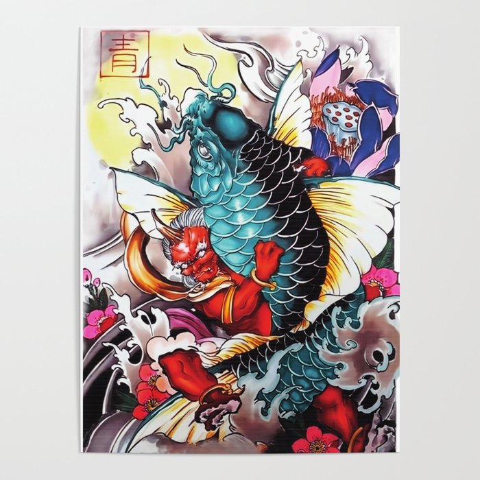 Japanese Demon and Carp fish tattoo design.hand drawn, Oni and koi fish tattoo, tattoo japanese, oriental art design, street art tattoo Poster by GOTEN2021