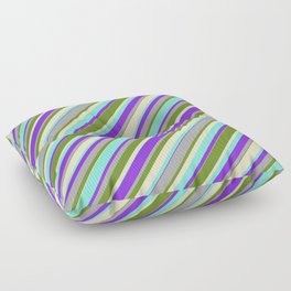 [ Thumbnail: Green, Bisque, Aquamarine, Purple & Dark Gray Colored Stripes Pattern Floor Pillow ]