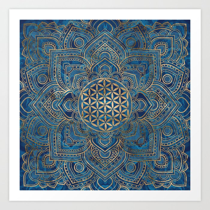 Flower of Life in Lotus Mandala - Blue Marble and Gold Art Print