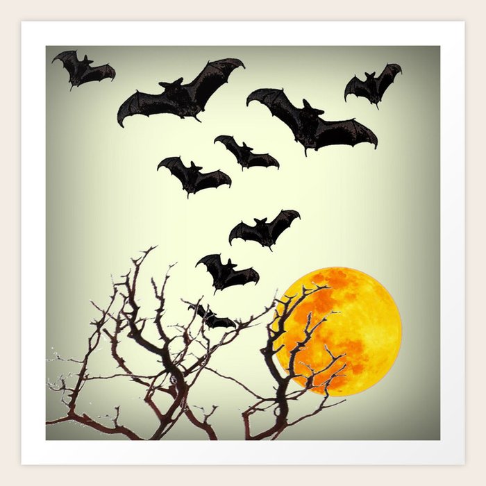GOTHIC HALLOWEEN FULL MOON BLACK FLYING BATS DESIGN Art Print by ...
